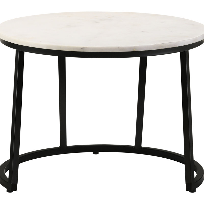 Table basse ronde en marbre avec piédestal angulaire noir, 23,43 po de largeur et de profondeur, rehausse le style des espaces de vie principaux, table d'appoint multifonctionnelle, structure en métal blanc poli