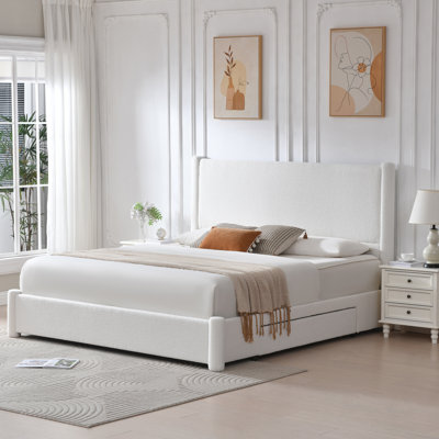Lit plateforme rembourré Coletti avec tête de lit de 131,6 cm (51,8 po) de hauteur et 2 grands tiroirs de rangement en bois, blanc, format King