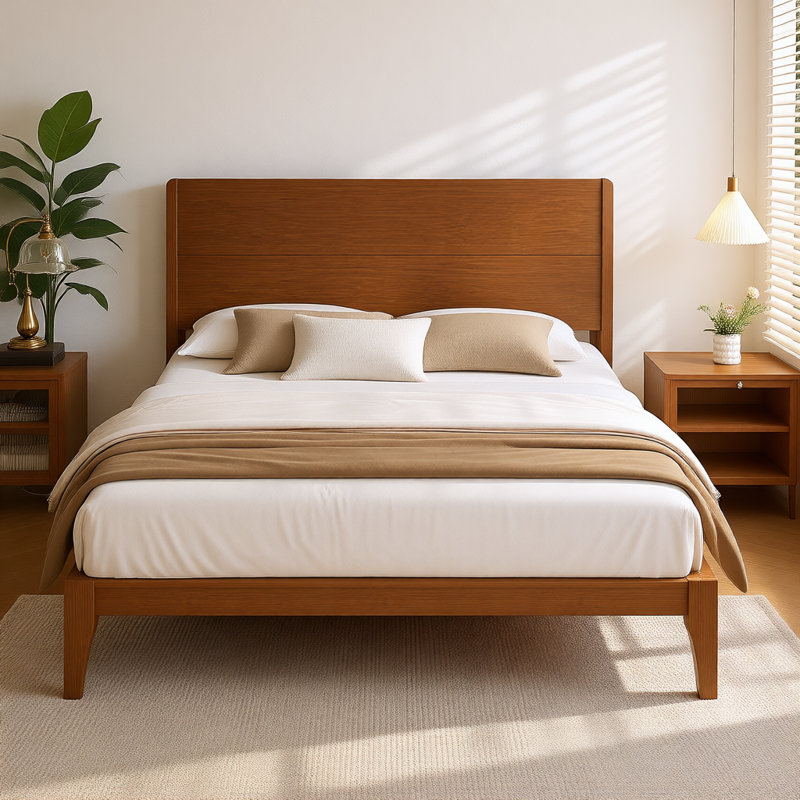 Lit plateforme en bambou de style Mid-Century, structure en bois écologique avec support en lattes de métal, aucun sommier tapissier requis
