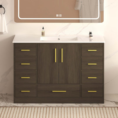Meuble-lavabo brun foncé de 122 cm (48 po). Nombreux rangements : 2 portes à fermeture amortie et 9 tiroirs.