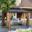 Pavillon de jardin 12 po x 10 pi en bois de cèdre avec toit en polycarbonate à deux niveaux, rideaux d'intimité et moustiquaire