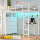 Twin Size Loft Bed With Desk And 8 Storage Drawers, Metal Loft Bed Twin With Led Lights & Charging Sation, Storage Shelves, 13.1" H Safety Guard & Ladder, No Box Spring Needed,