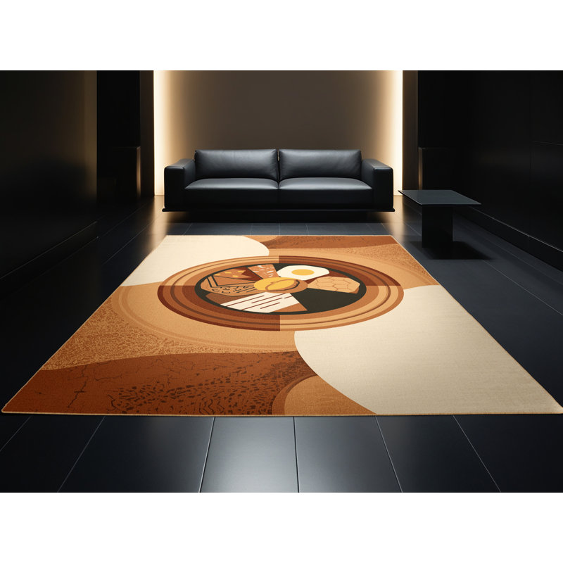 Machine Washable Food And Beverage Bibimbap Bowl Global Inspired Geometric Rug in Brown – LightBrown Binding, 5x7