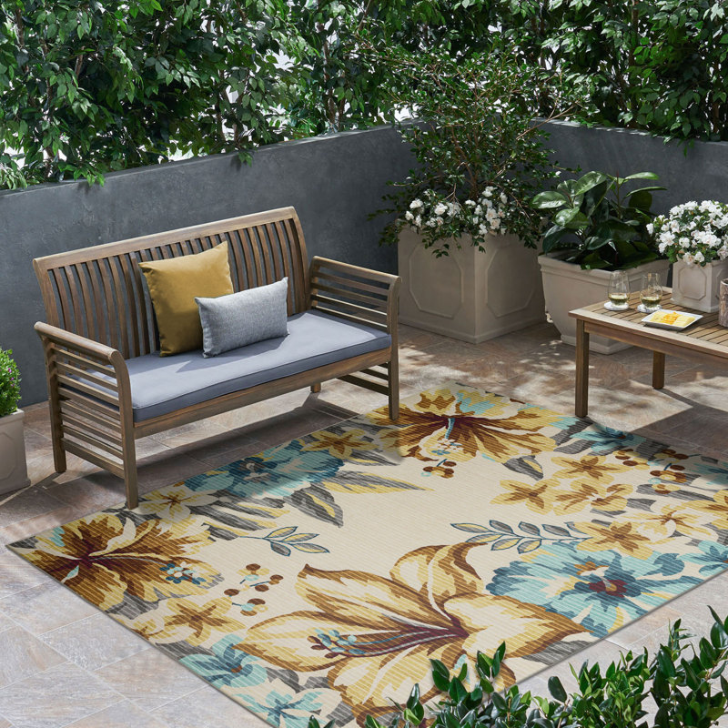 Blodewn Outdoor Rug Floral Design Large Area Rug Yellow Blue, Rectangle 3'6" x 5'6" 