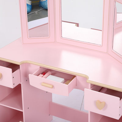 Kids Vanity Set with Mirror and Storage Drawers – Pretend Play Makeup Table with Wooden Accessories and Stool by Harriet Bee