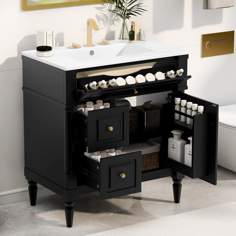 30"W Freestanding Bathroom Single Vanity with Drawers and An Adjustable Shelf, Black, Gold