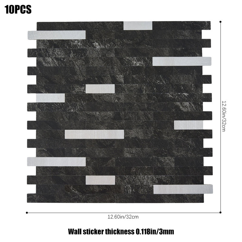 10Pcs Self-Adhesive Marble Wall Tile Stickers, Black/Silver