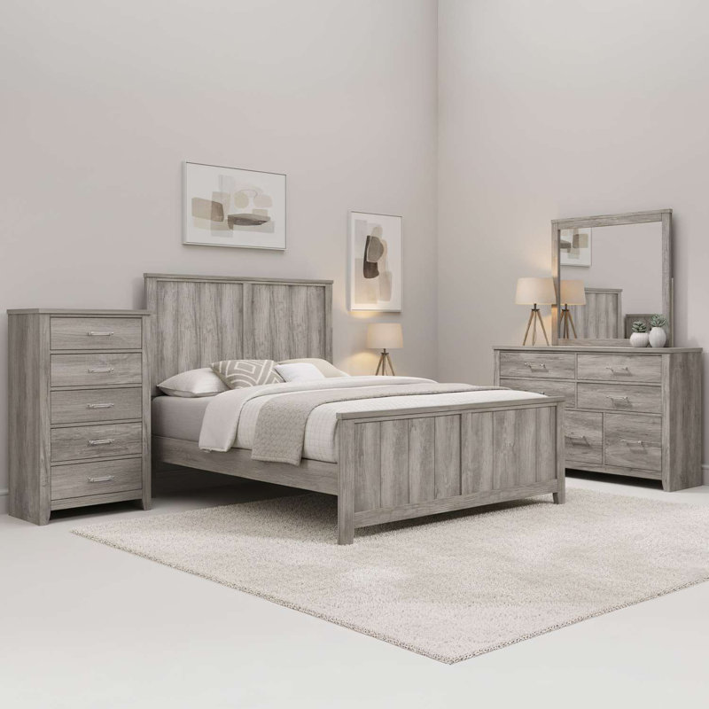 Ensemble de chambre avec très grand lit 4 pièces avec lit en bois gris vieilli, commode, miroir encadré et coffre de rangement