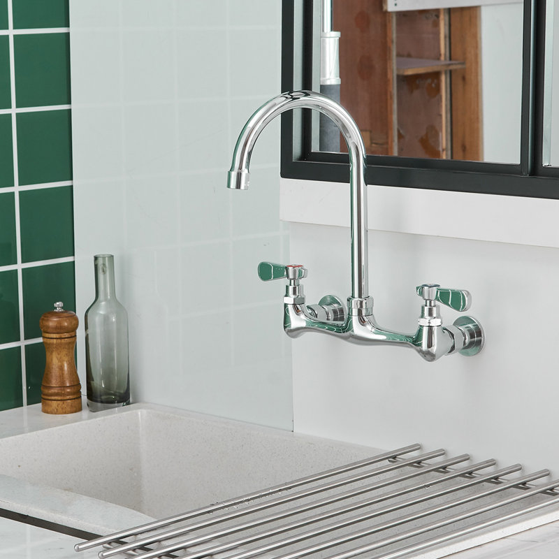 Double Handle Wall Mount Standard Kitchen Faucet with Spout 8 in. Widespread in Polished Chrome