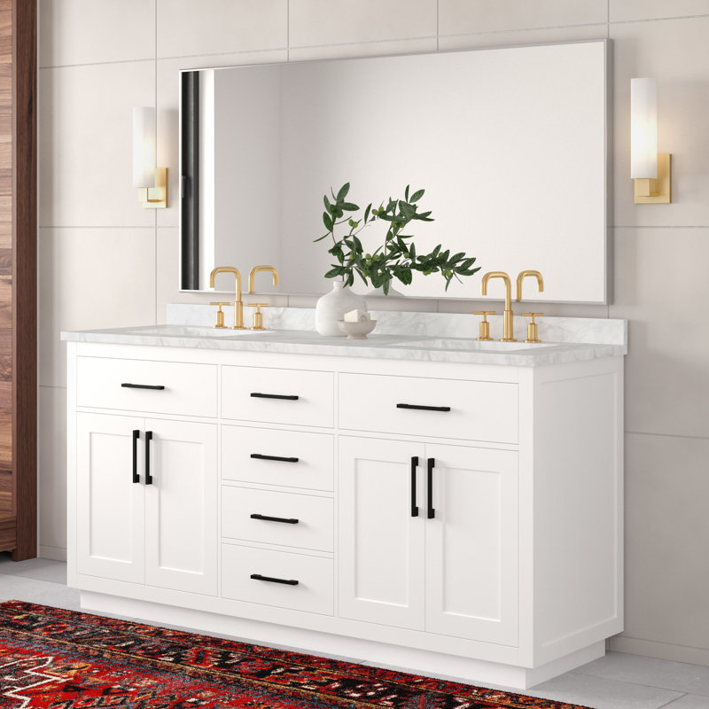 Athea 72 In. Double Sink Freestanding Bathroom Vanity in White Engineered Marble Top, with Backsplash, White