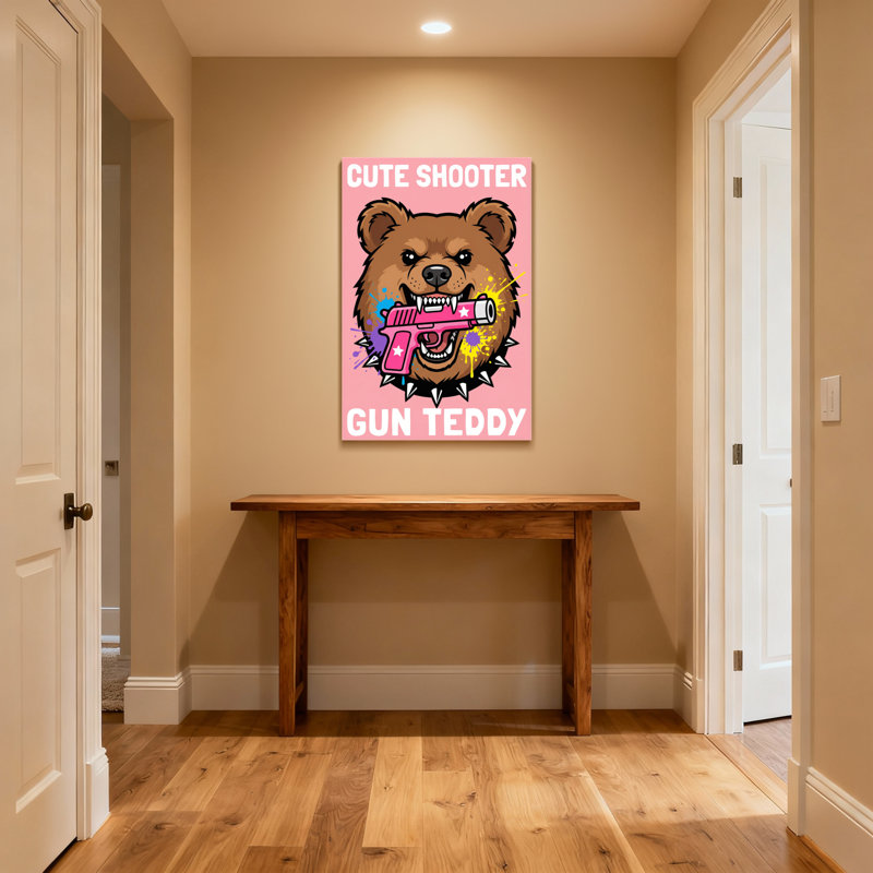 Ours en peluche avec pistolet rose, H 20 po x l 30 po, Toile tendue, Ne s’applique pas