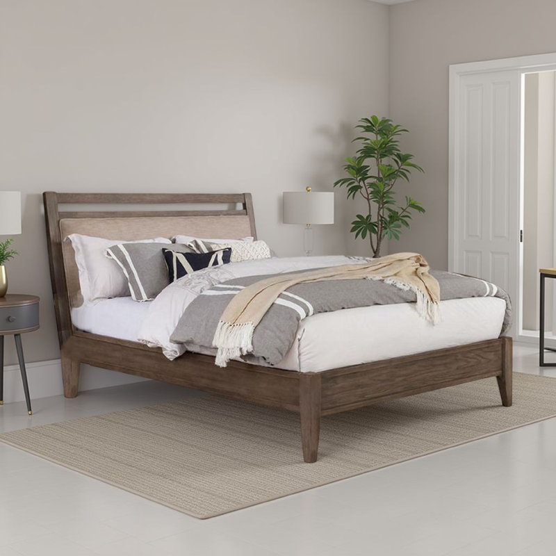 Lit Wana avec tête de lit beige, bois massif brun-gris, Grand lit