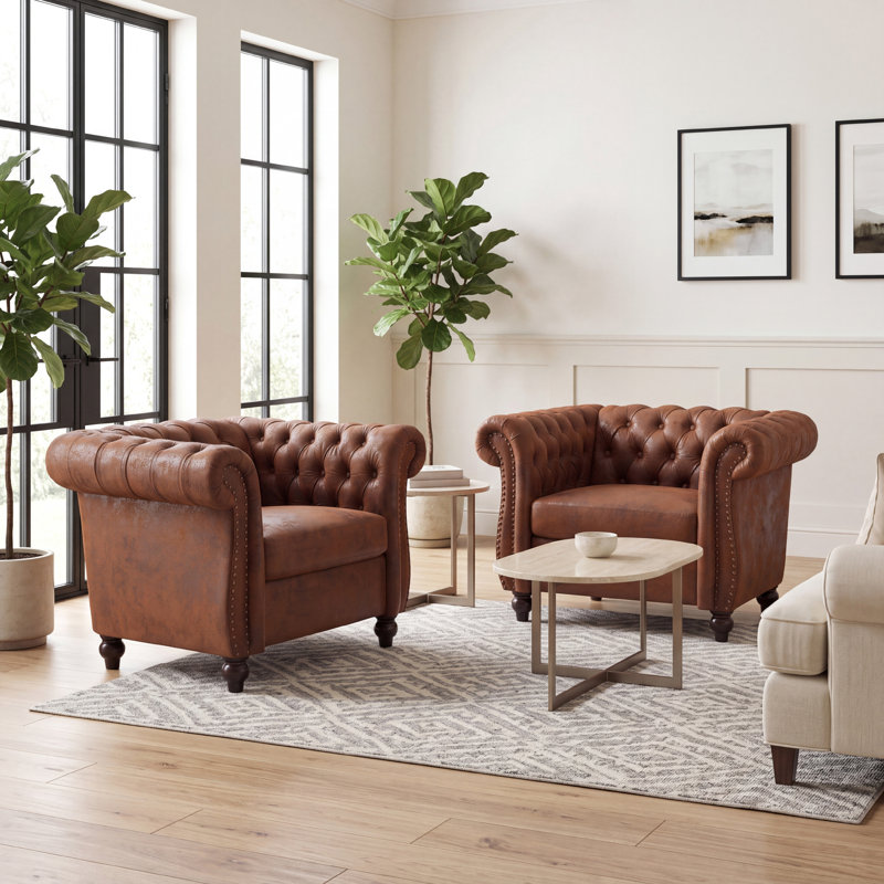 Ensemble de 2 chaises d'appoint Chesterfield en faux suède avec accoudoirs roulés et garniture cloutée, 2
