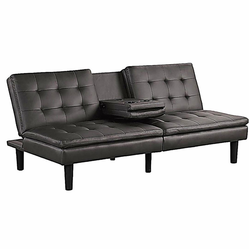 Futon canapé-lit de style contemporain à finition grise convertible en siège capitonné et siège rabattable avec porte-gobelet USB