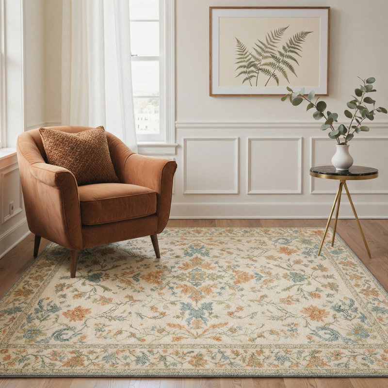 Tapis floral beige / orange / bleu sarcelle lavable à la machine avec envers antidérapant , Rectangulaire 8 pi x 10 pi