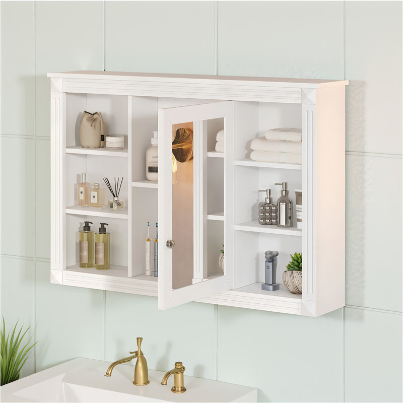 Armoire de rangement murale moderne 42 "avec porte miroir, 6 tablettes ouvertes, armoire de rangement en MDF pour salle de bain