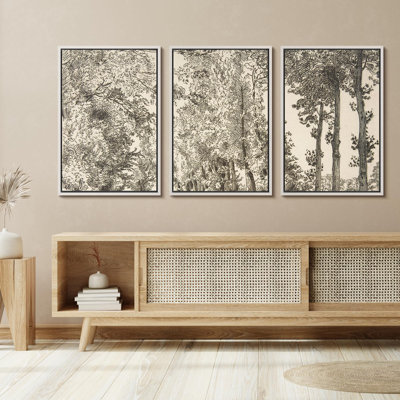 Forest Landscape " Country Homestead Rustic Cabin And Trees Vintage Style Illustration Modern Decor Chic " 3 - Pieces