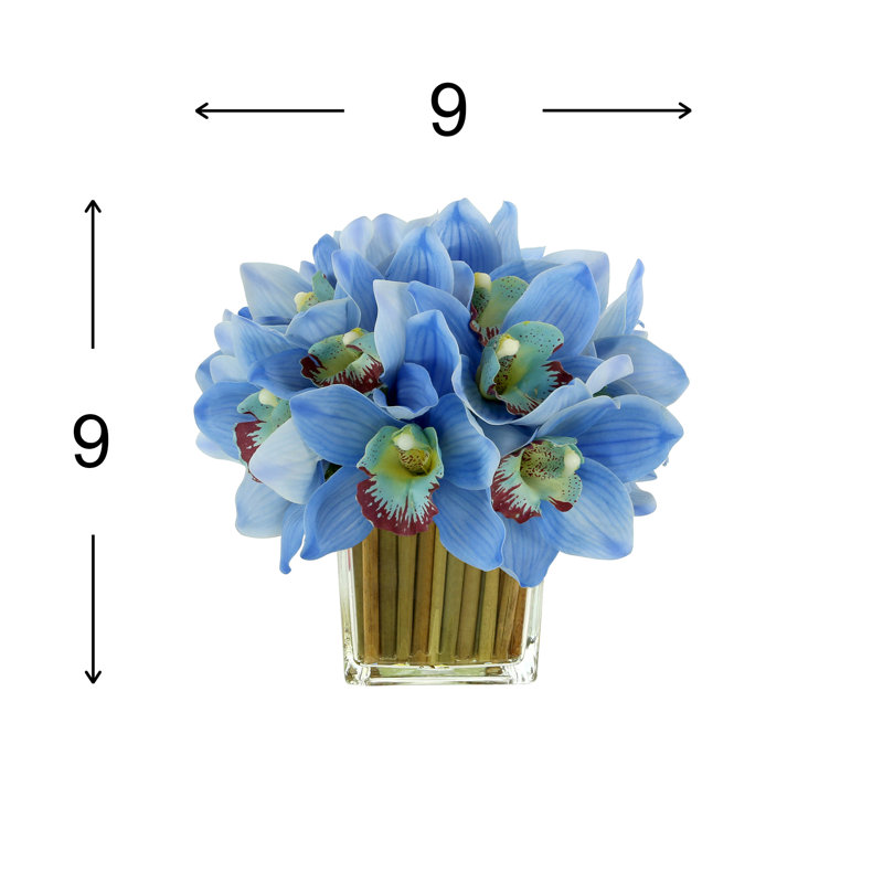Orchids Arranged in Bamboo-Filled Glass Vase, Blue