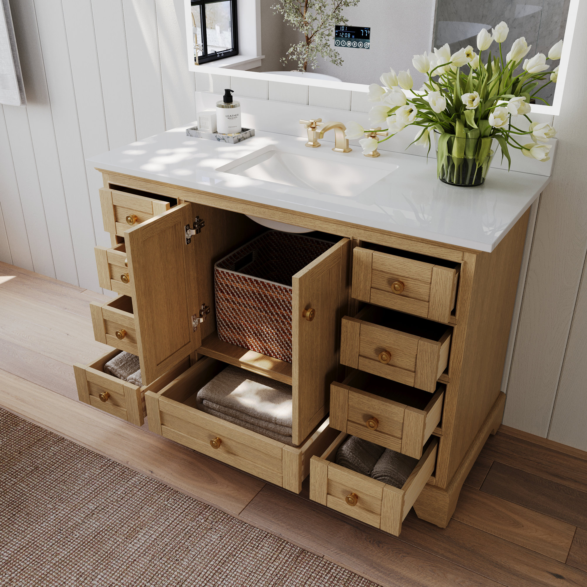 Varna 48'' Single Bathroom Vanity, Pure White Quartz, Oak/Rose Gold