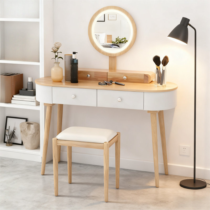 Vanity Table Set with LED Lighted Mirror, 3 Adjustable Lighting Dressing with Touch Switch, 4 Drawers, Cushioned Stool
