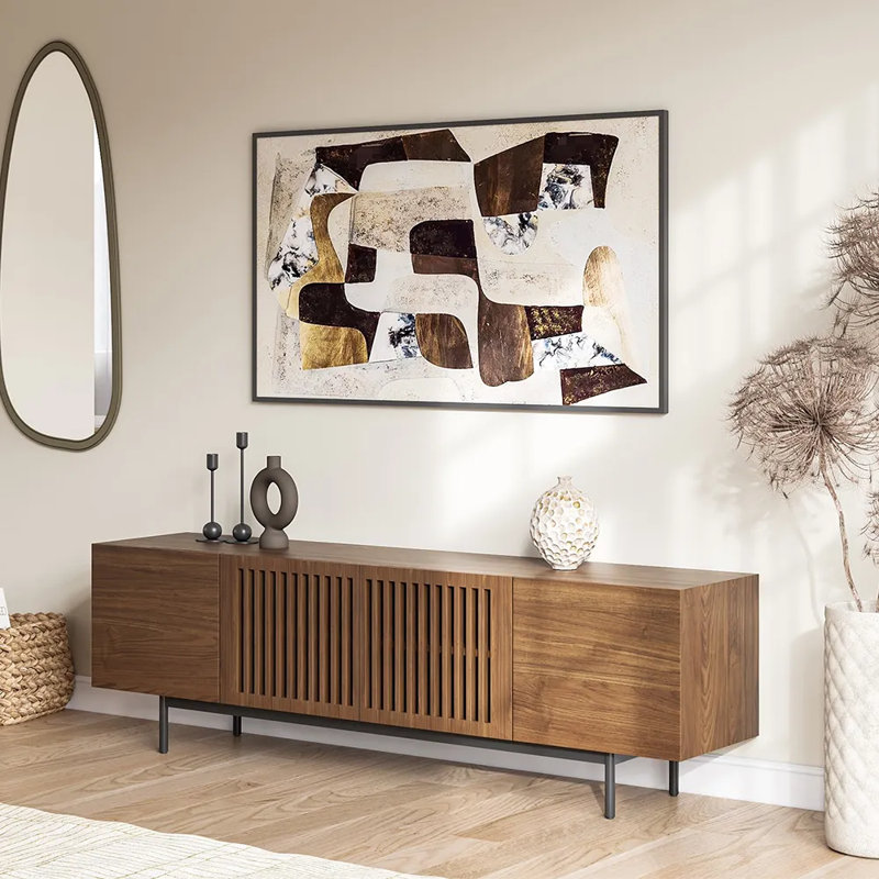 Meuble télé Mid-Century moderne pré-assemblé, H 21,25 po x L 62,99 po x l 15,75 po, Brun