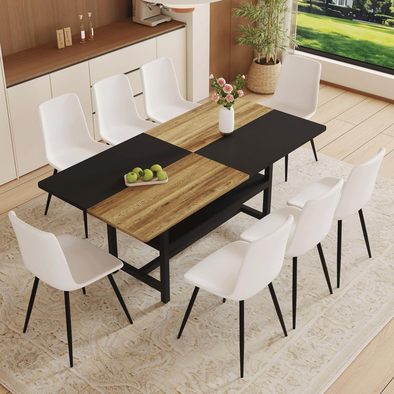 Ensemble de table de salle à manger rectangulaire pour 8 personnes, ensemble de table de salle à manger 71 po avec 8 chaises rembourrées et tablette de rangement, plateau de table en bois avec structure en métal