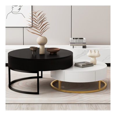 Tables basses gigognes modernes à plateau relevable avec 2 tiroirs blanc et noir