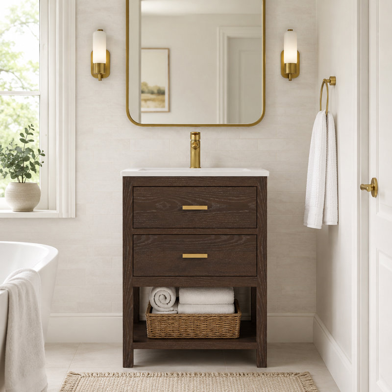 Aastha 25" Walnut Single Sink Bathroom Vanity with Solid Surface Composite Top, 25"