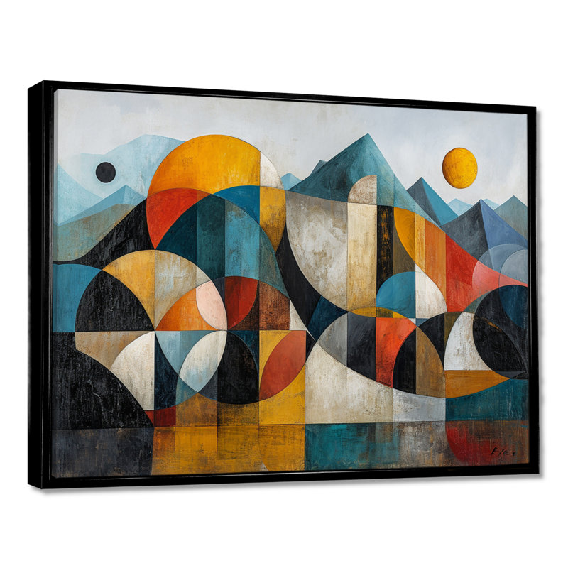 «Geometric Mountain Retro Colors - Art abstrait paysage mural», H 12 po x l 20 po x P 1 po, Toile avec cadre flottant noir