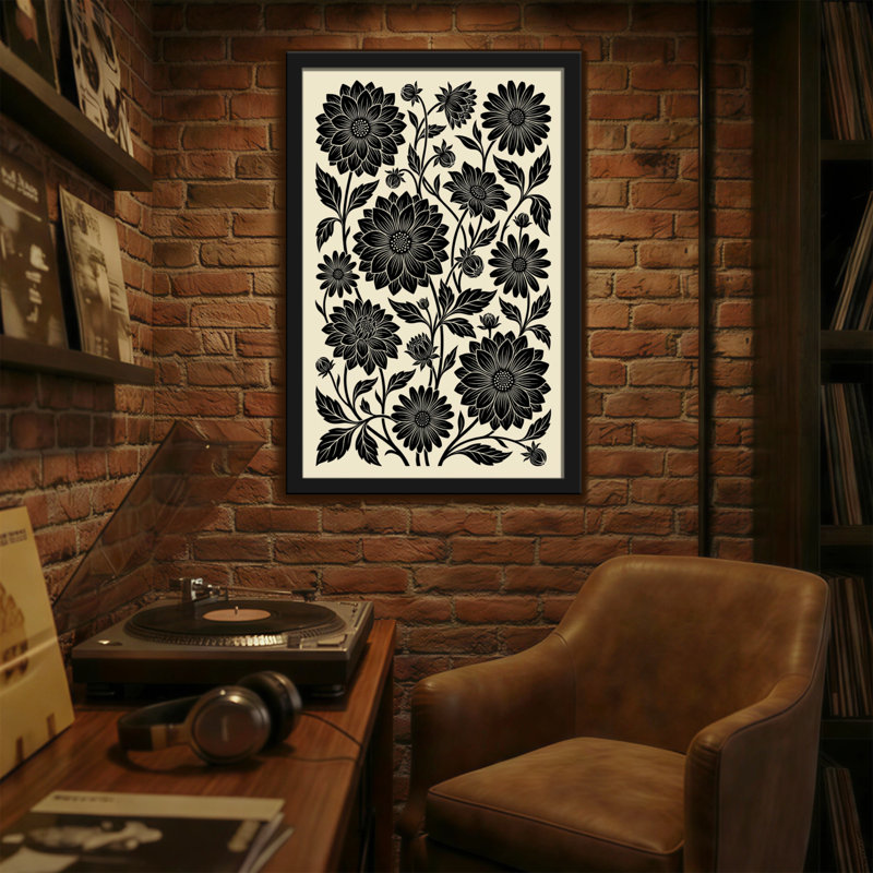 Plantes et fleurs à motif floral noir sur fond crème, H 18 po x l 12 po