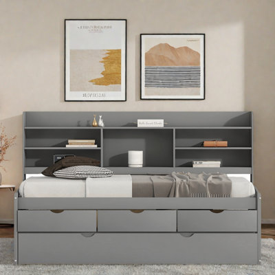 Wooden Daybed With Built-in Bookshelves, 3 Storage Drawers And Trundle