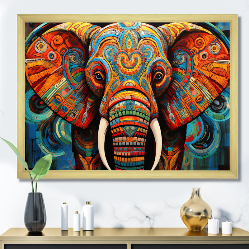 Éléphant Tribal Majesty - Éléphant, art mural, Cadre doré simple, H 16 po x l 32 po x P 1 po
