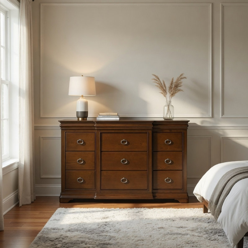 Grande commode Gravis, 9 tiroirs et 2 tiroirs cachés, brun cerise