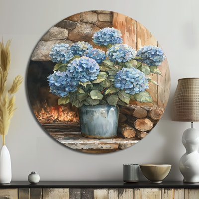 Hydrangées par le foyer II - hydrangées rondes, art mural en métal bleu traditionnel