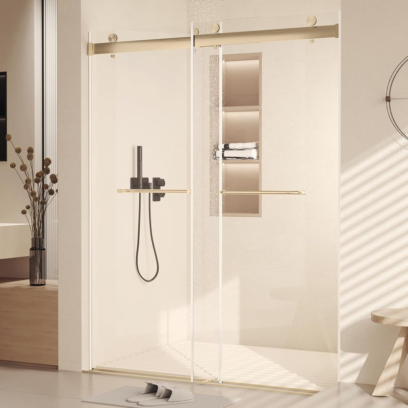 Semi-Frameless Sliding Shower Door, 2/5'' Double Sliding Tempered Glass Shower Door with Stainless Steel Handles- 60" W x 76" H, Gold