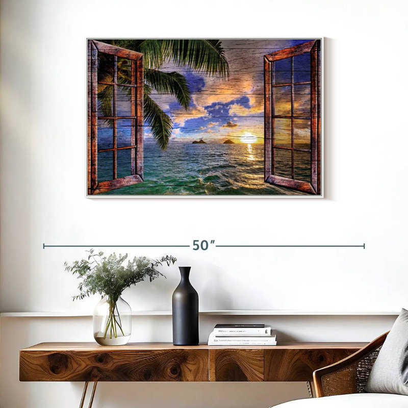 Vue de fenêtre en bois tropical, Cadre flottant blanc, 37 po x 25 po