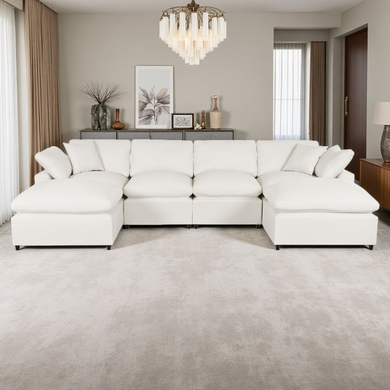 Grand canapé modulaire moderne en forme de U, 2 grandes chaises avec repose-pieds amovibles pour le salon, Polyester beige