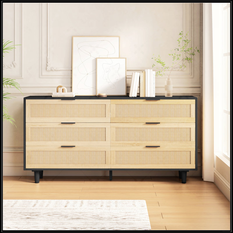 Armoire de rangement 59,6 po à 6 tiroirs avec tiroir en rotin, Noir