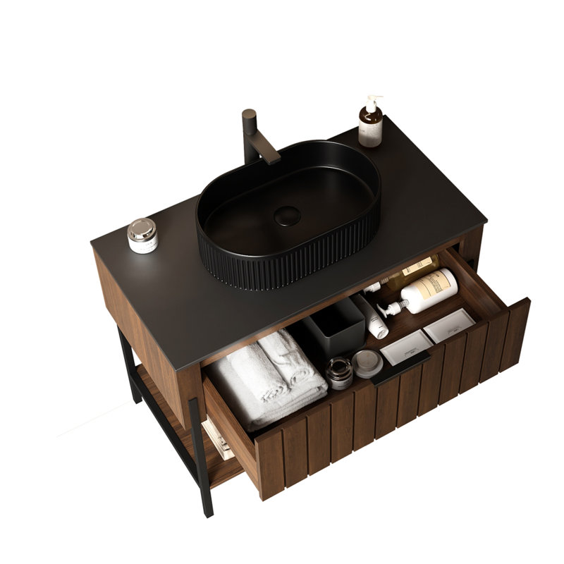 Meuble-lavabo autoportant à rayures 36 po avec tiroir et structure de support en métal 36 po