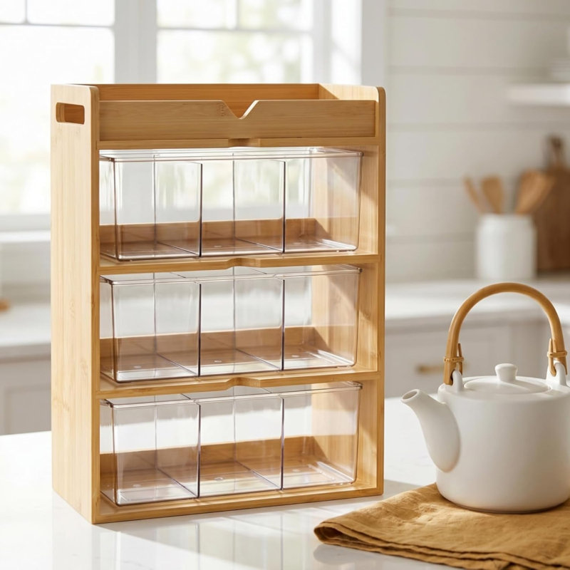 Organisateur de sachets de thé en bambou à 4 niveaux, boîte de rangement de thé verticale en bois avec tiroir en acrylique, support de rangement de thé et station de thé pour le comptoir de cuisine