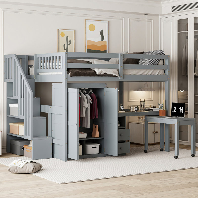 Loft Bed With Stairs, Drawers, Desk And Wardrobe, Grey
