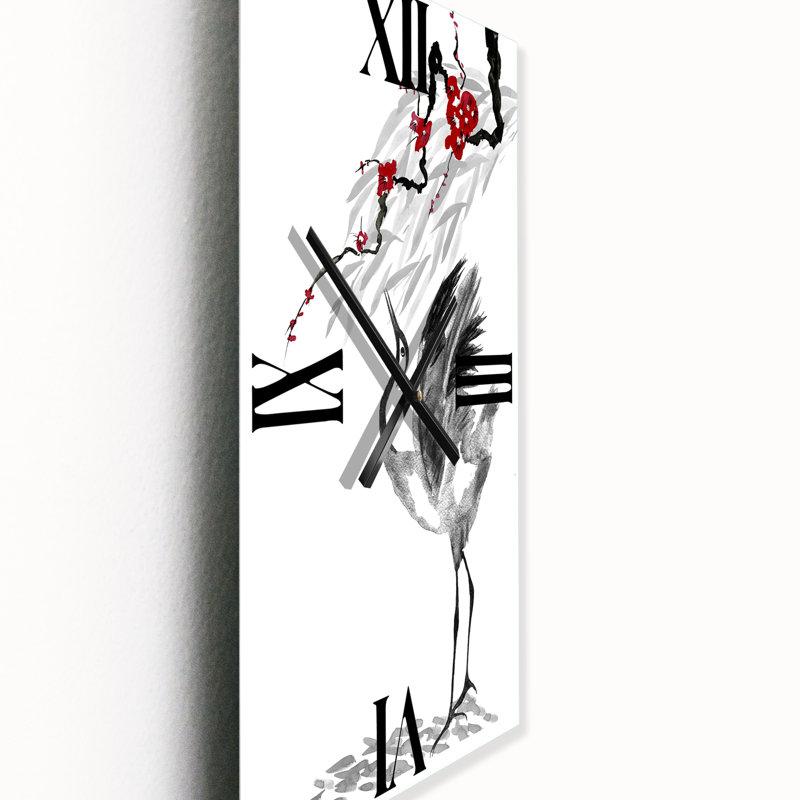 Dessin d'une grue japonaise avec fleurs rouges - Horloge murale traditionnelle, Petit