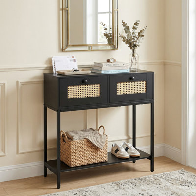 Durable Sturdy Boho Style Rattan Console Entryway Table With 2 Woven Rattan Drawers And Open Storage Shelf For Hallway Living Room Foyer Organization Use