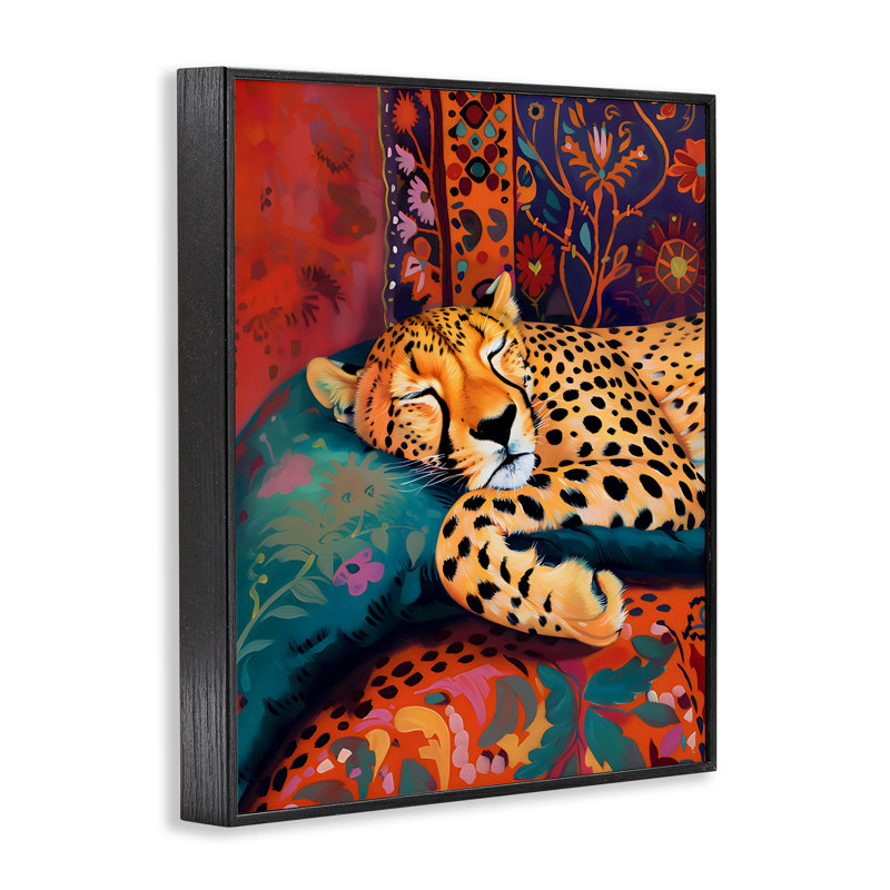 «Cozy Cheetah Boho Textiles», estampe numérique, design by Creative Studio, Giclée encadrée noir minuit, H 14 po x l 11 po