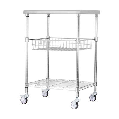 Chariot de service 86 x 58 x 17 cm (33,86 x 22,83 x 6,69 pouces) en acier inoxydable noir, monobloc, à 3 niveaux de rangement ouverts