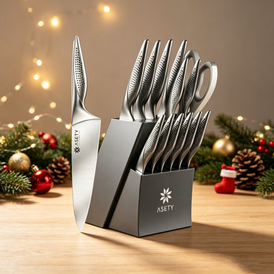 Ensemble de 15 couteaux de cuisine en acier allemand avec bloc et affûteur - couteaux de chef professionnels, couteau de chef de 8 pouces, couteaux à steak, poignée ergonomique, ensemble de coutellerie résistant à la rouille
