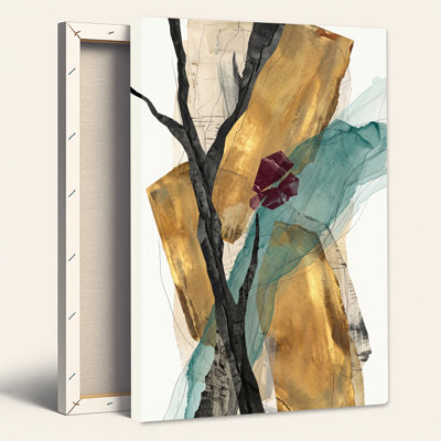 Gold Leaf Branches with Teal Wash and Purple Accents Canvas Wall Art
