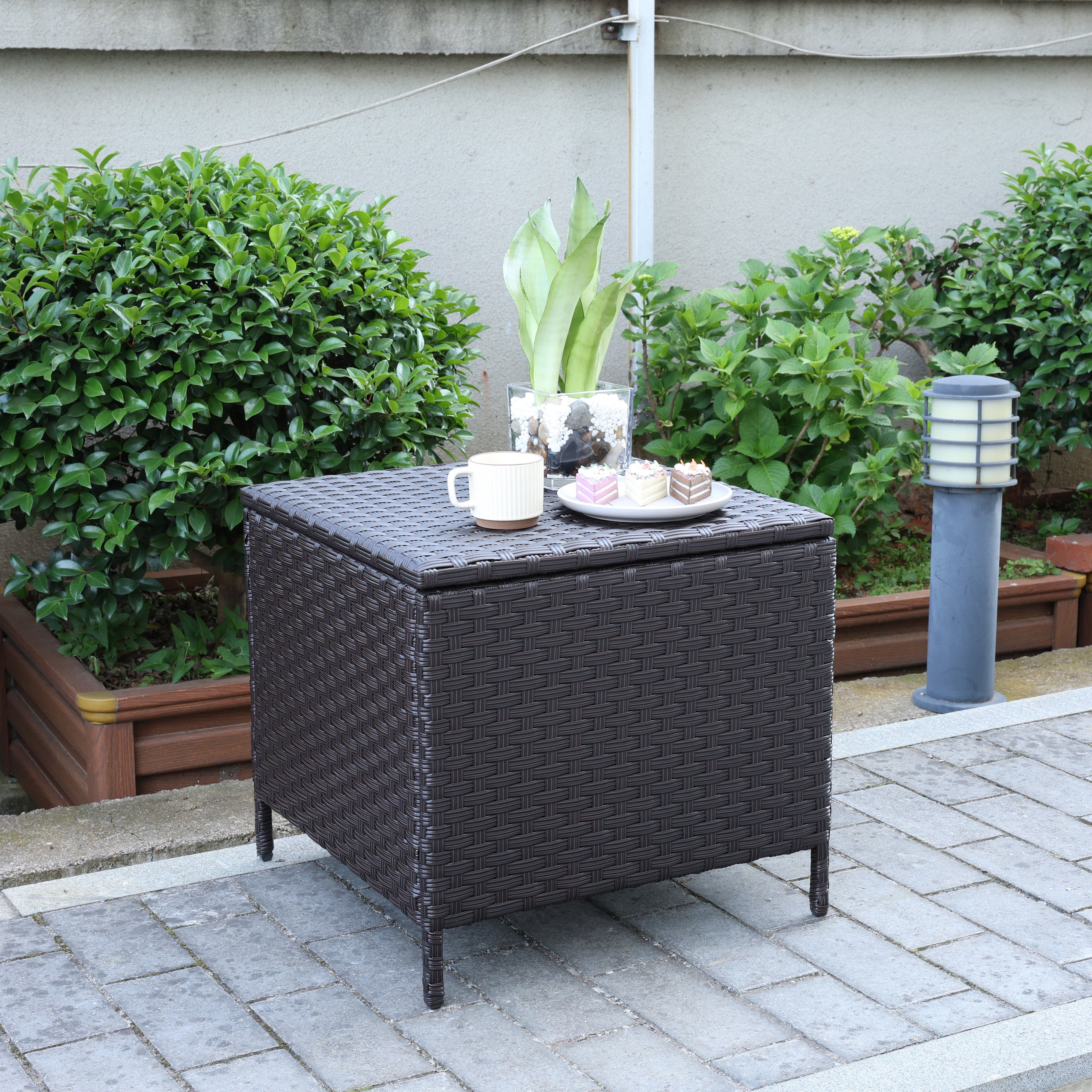 Ebern Designs Outdoor Wicker Side Table Patio Coffee Table with Storage