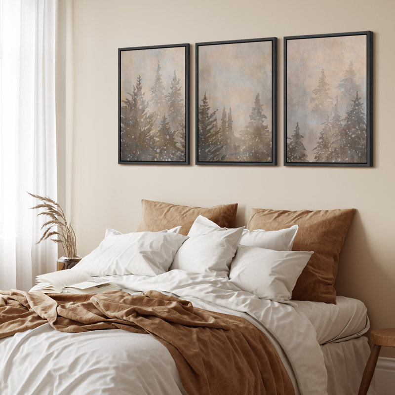 «Misty Pine Forest Neutral Landscape Artwork», reproduction d'art sur toile encadrée de la chambre principale, Noir