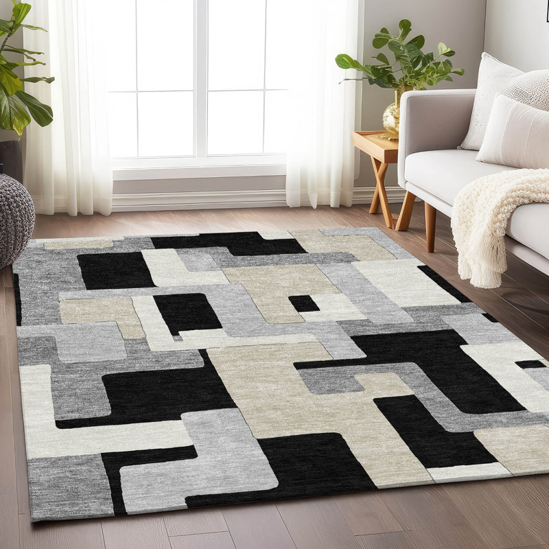 Premium Machine Washable Prisco Black Rug, Rectangle 8' x 10'